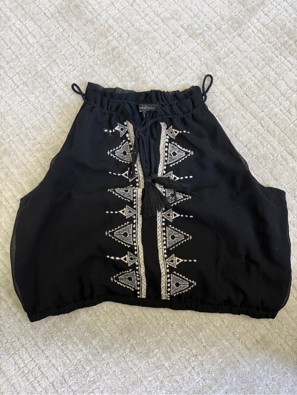 House of Harlow 1960 Black Crop Halter Top with Cream Embroidery